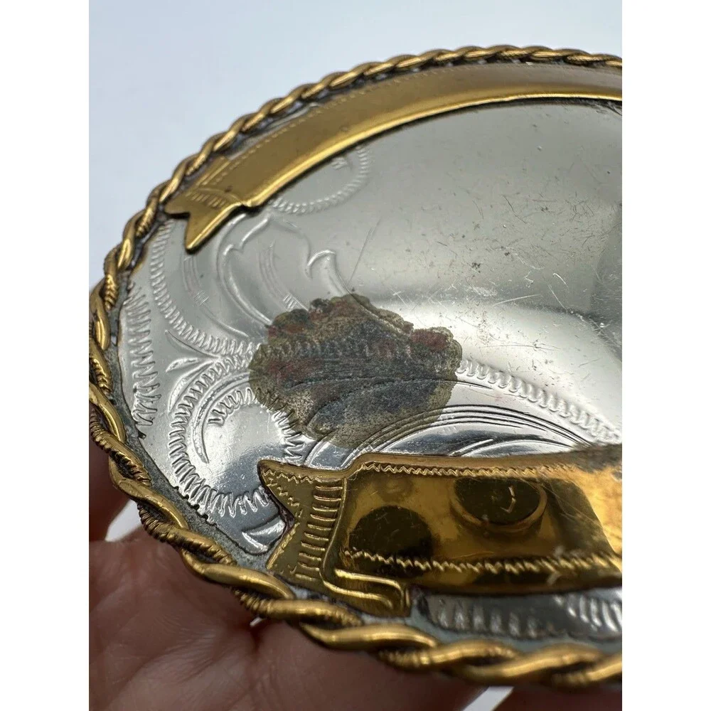 Vintage Western Cowboy Ornate Belt Buckle German Silver 2 Tone Oval - Picture 2 of 4
